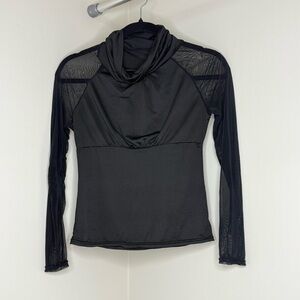 Elegant Black Top Fitted with Mesh Long Sleeve & Cowl Neckline